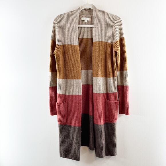 LOFT Colorblock Patch Pocket Open Front Ribbed Cardigan Sweater Multi Small - Picture 3 of 5